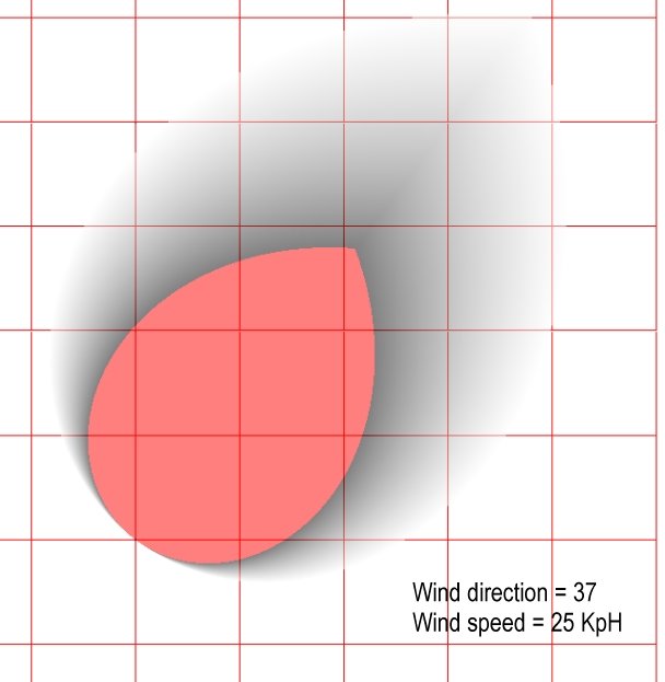 Results of the equation showing likelihood of detecting a scent at a specific location given the wind direction and wind velocity. Each square is 100 meters. Click to enlarge. 