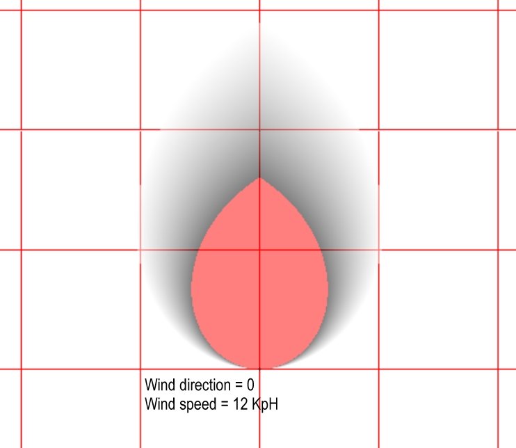     Results of the equation showing likelihood of detecting a scent at a specific location given the wind direction and wind velocity. Each square is 100 meters. Click to enlarge.